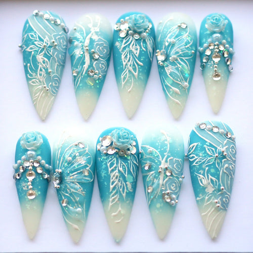 Blue Fairy Magical Handmade Press on nails - Summer Nails