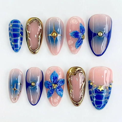 Blue Flower Handmade Press on nails - Summer Nails