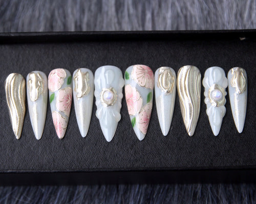 Floral Japanese Handmade Press on nails - Summer Nails