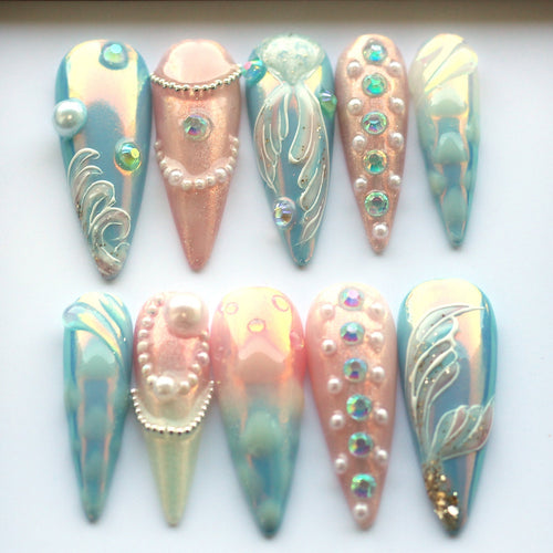 Mermaid Aurora Handmade Press on nails - Summer Nails
