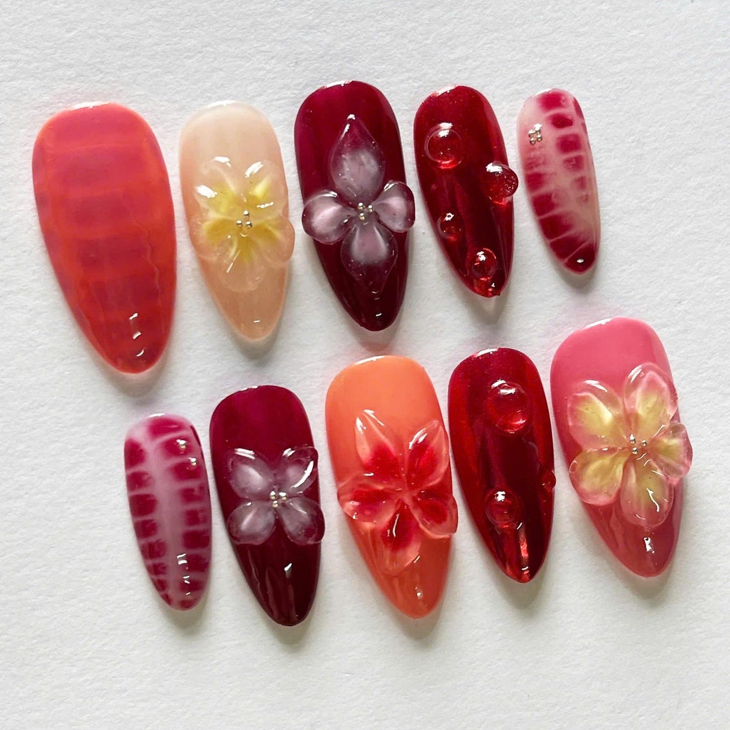 Red Velvet Flower Handmade Press on nails - Summer Nails