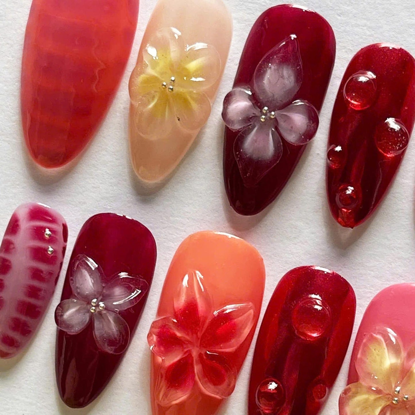 Red Velvet Flower Handmade Press on nails - Summer Nails