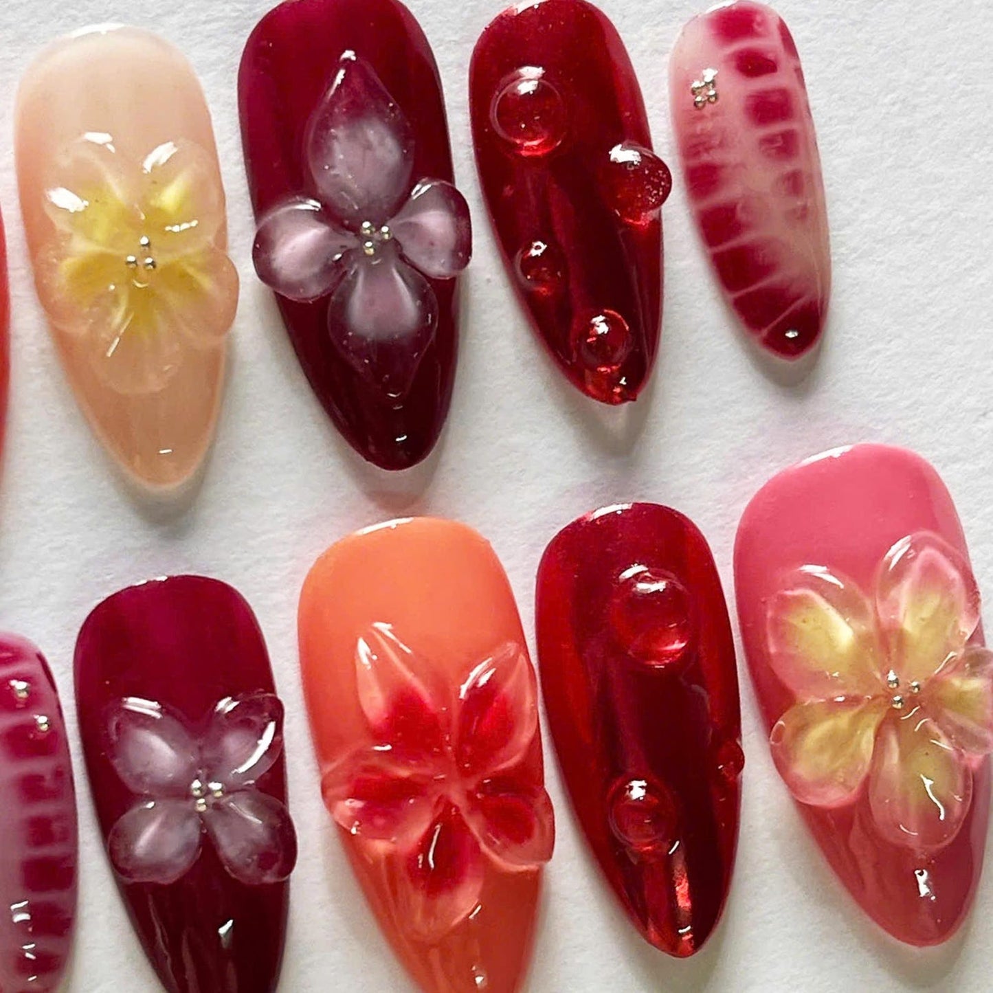 Red Velvet Flower Handmade Press on nails - Summer Nails