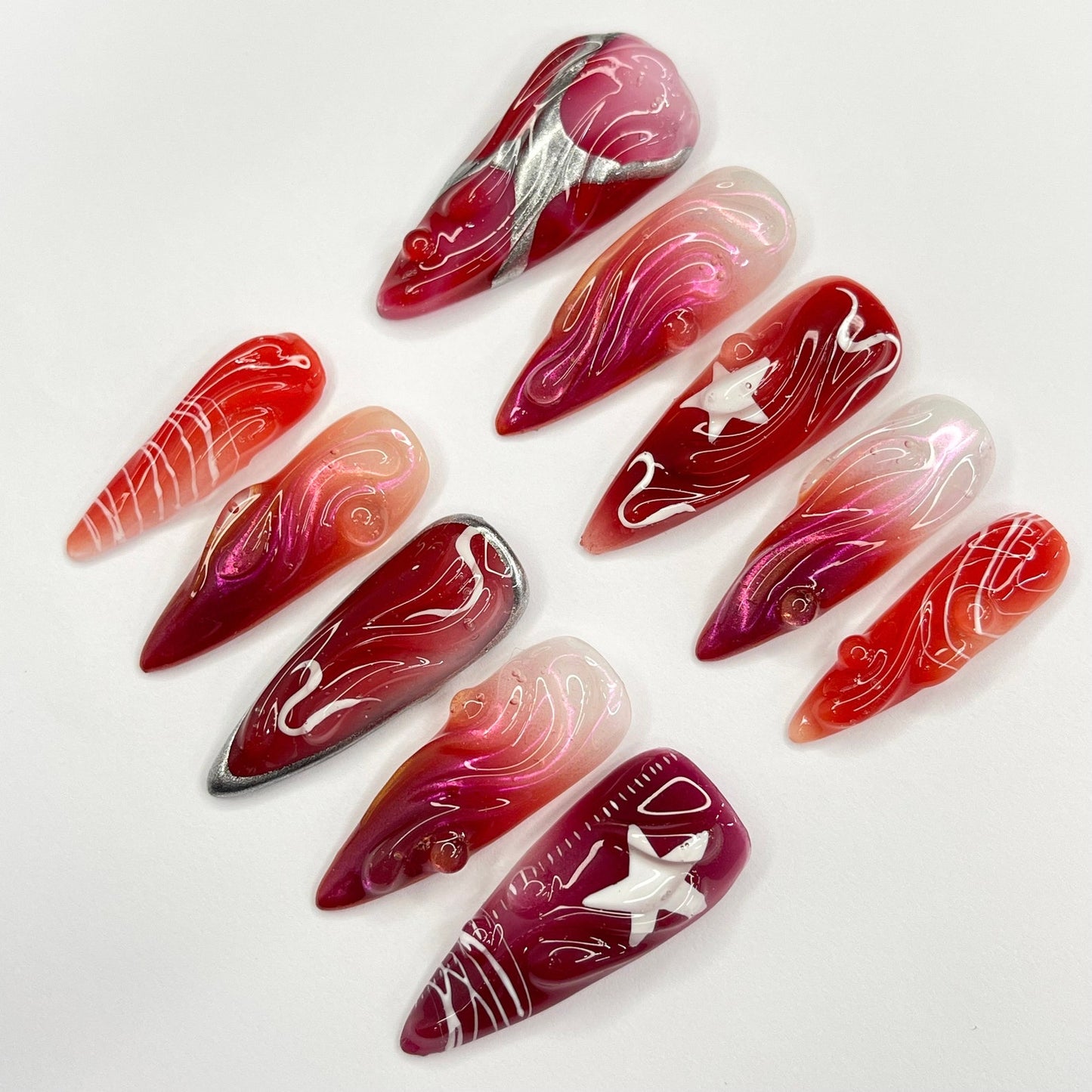 Red Silver Star Press on nails
