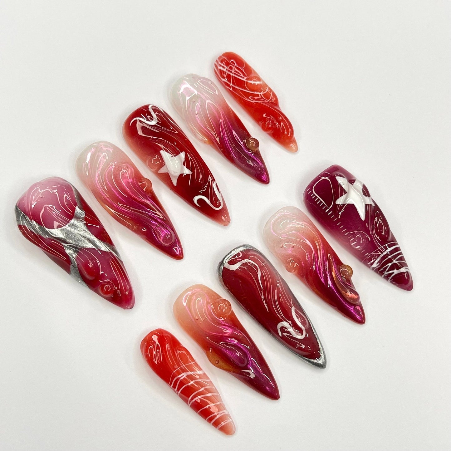 Red Silver Star Press on nails