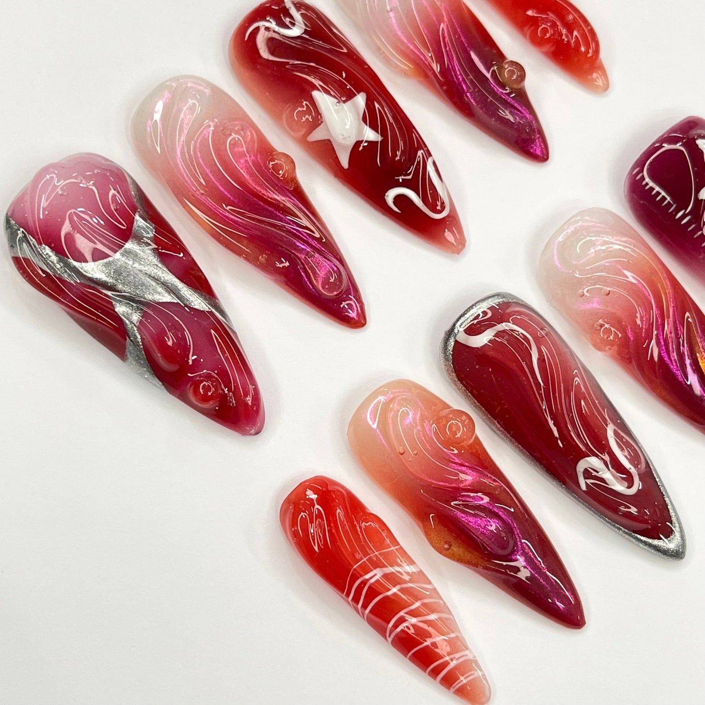 Red Silver Star Press on nails