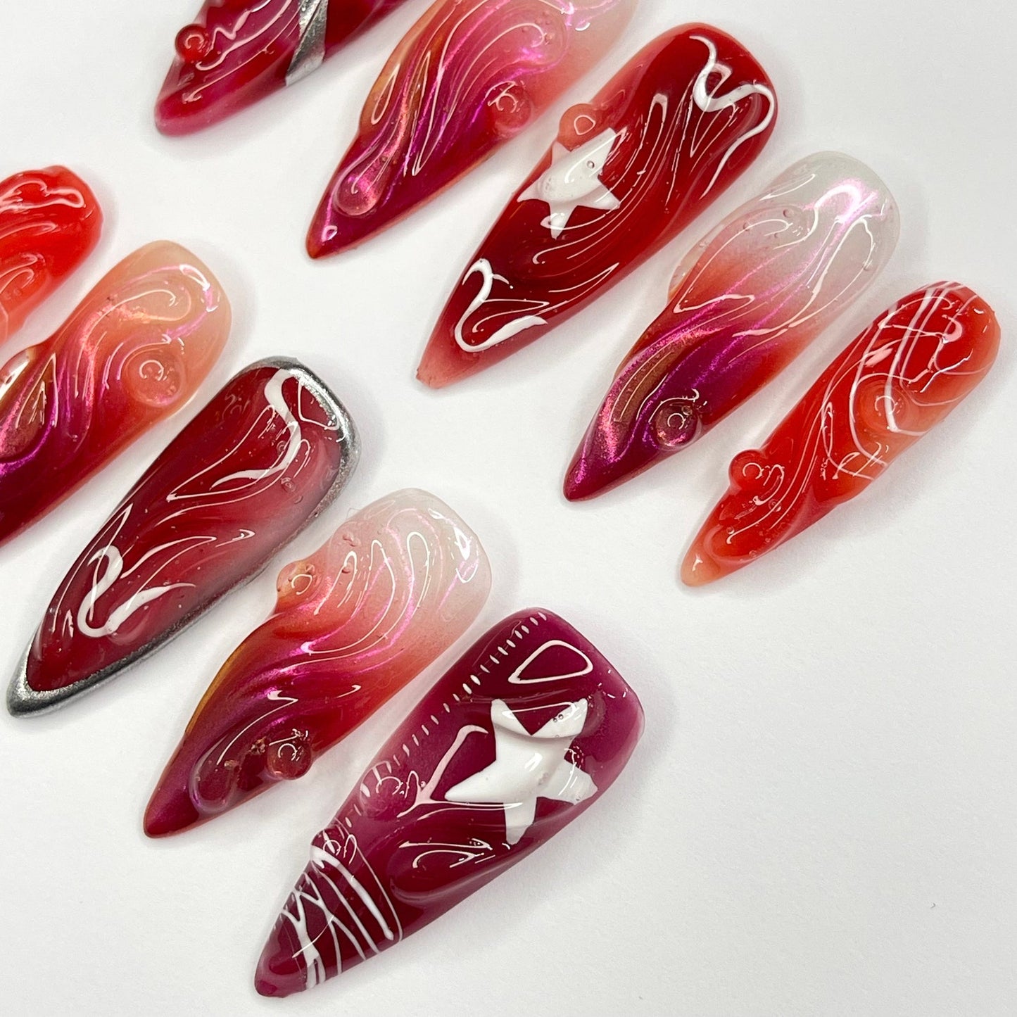 Red Silver Star Press on nails