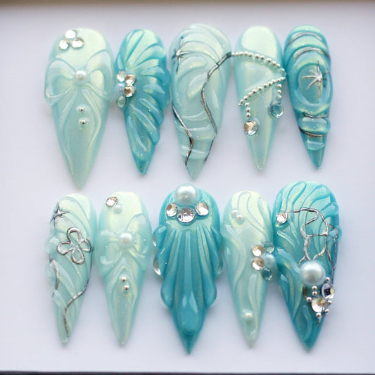 Baby Blue Handmade Press on nails - Summer Nails 