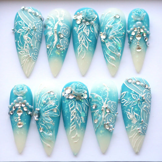 Blue Fairy Magical Handmade Press on nails - Summer Nails