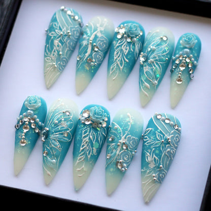 Blue Fairy Magical Handmade Press on nails - Summer Nails