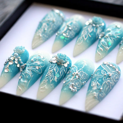 Blue Fairy Magical Handmade Press on nails - Summer Nails