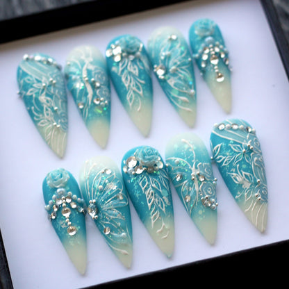 Blue Fairy Magical Handmade Press on nails - Summer Nails