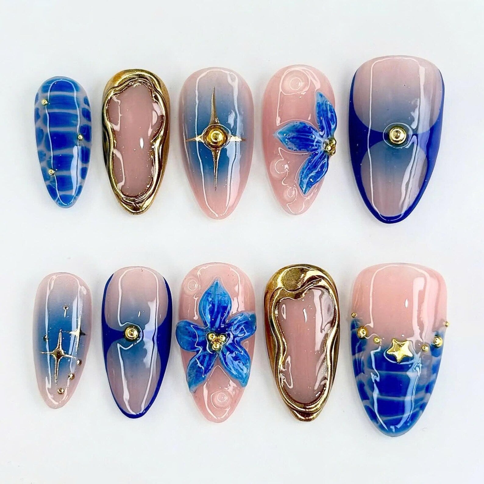 Blue Flower Handmade Press on nails - Summer Nails 