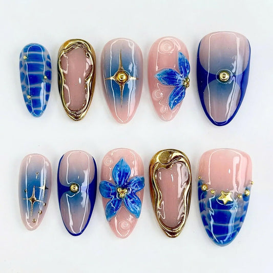 Blue Flower Handmade Press on nails - Summer Nails 