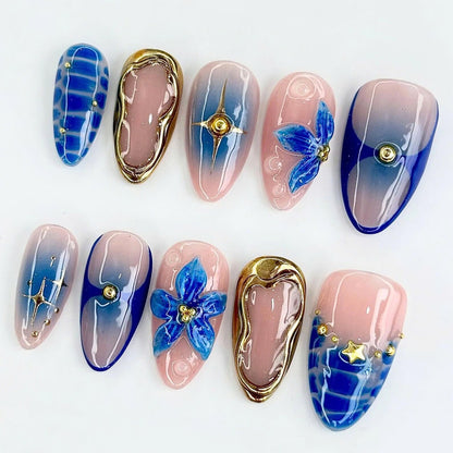 Blue Flower Handmade Press on nails - Summer Nails 