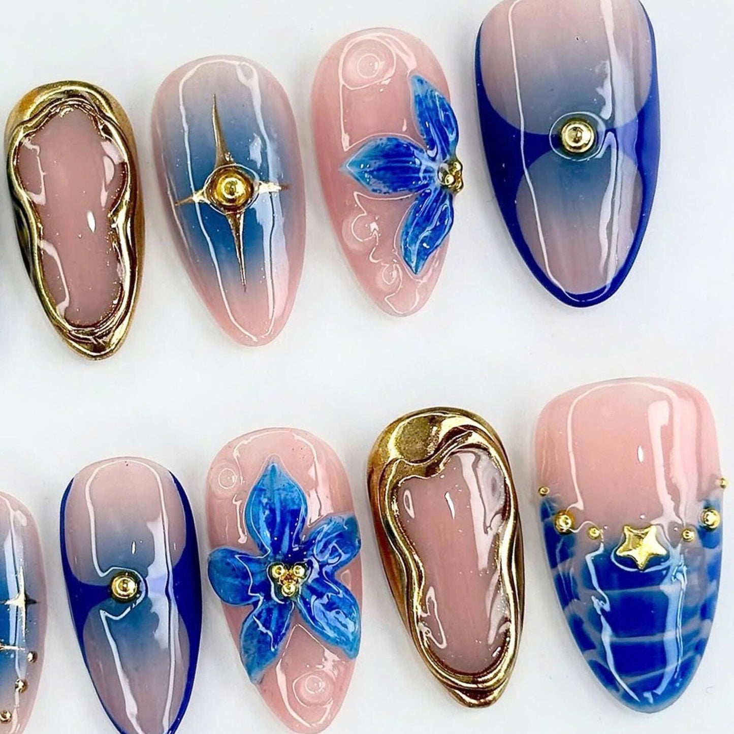 Blue Flower Handmade Press on nails - Summer Nails 