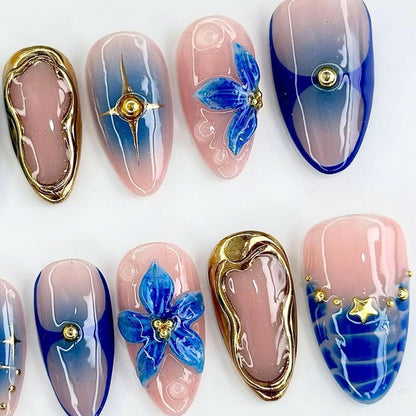 Blue Flower Handmade Press on nails - Summer Nails 