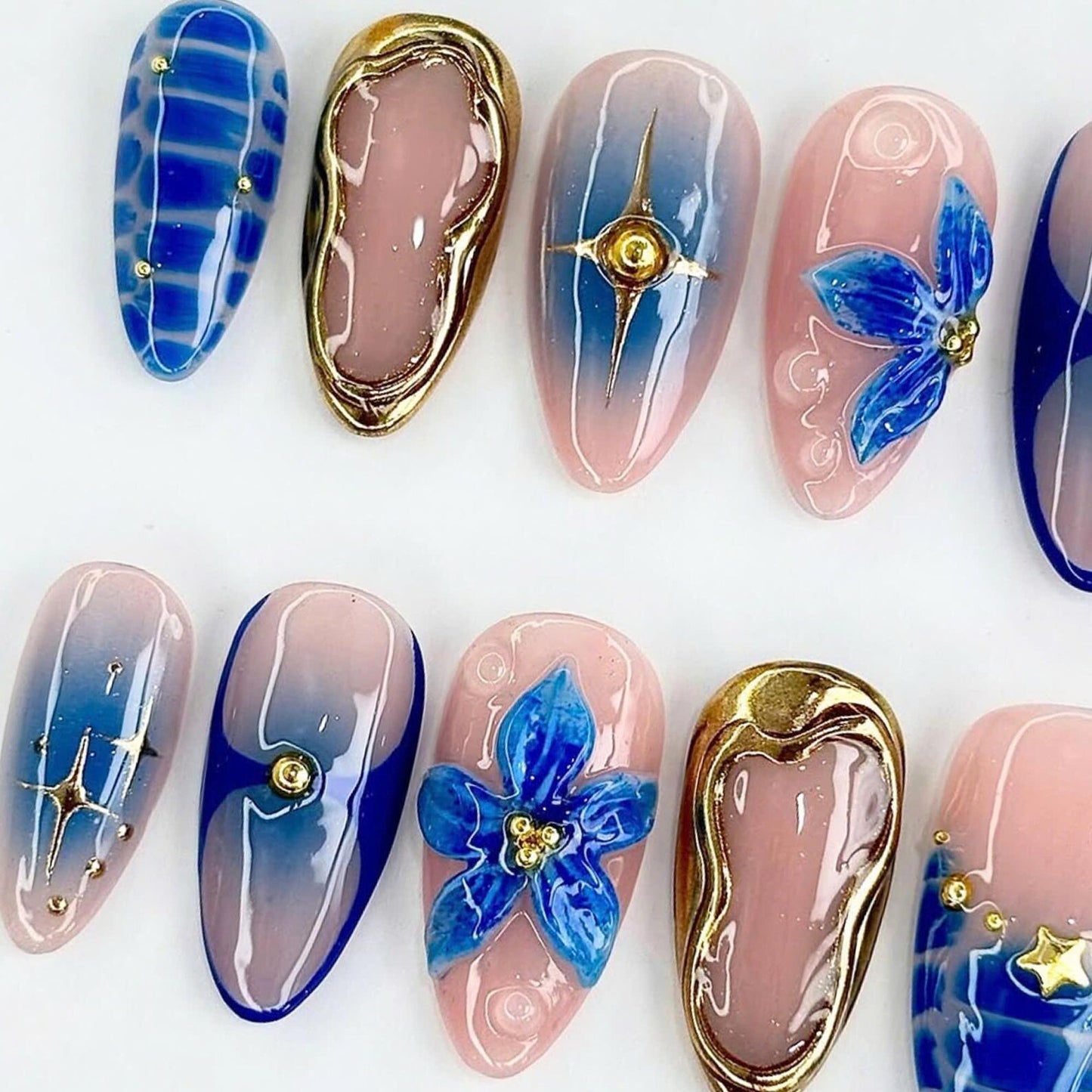 Blue Flower Handmade Press on nails - Summer Nails 