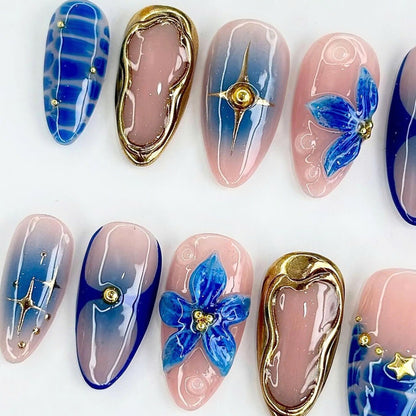 Blue Flower Handmade Press on nails - Summer Nails 