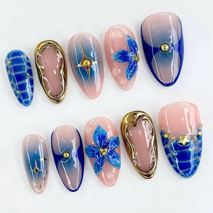 Blue Flower Handmade Press on nails - Summer Nails 