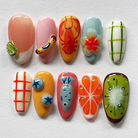 Colorful Fruit Sea Handmade Press on nails - Summer Nails