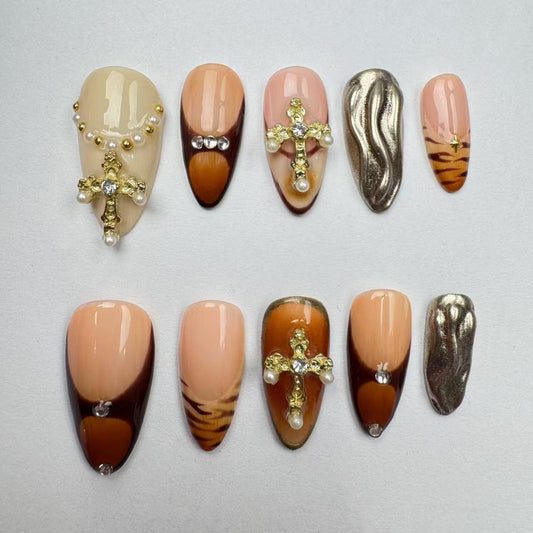 Cross Brown Handmade Press on nails - Summer Nails