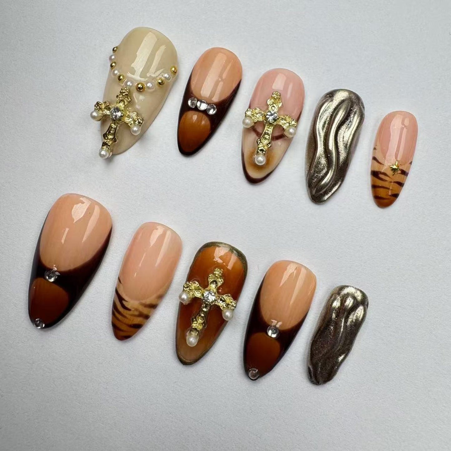 Cross Brown Handmade Press on nails - Summer Nails
