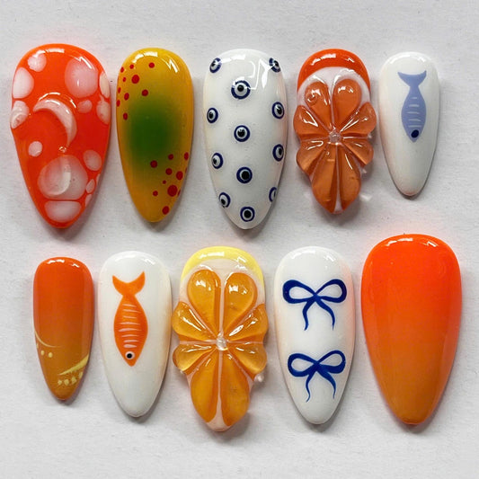 Cute Orange Handmade Press on nails - Summer Nails