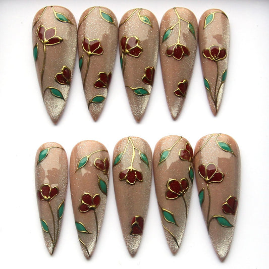 Diamond Floral Handmade Press on nails - Summer Nails 