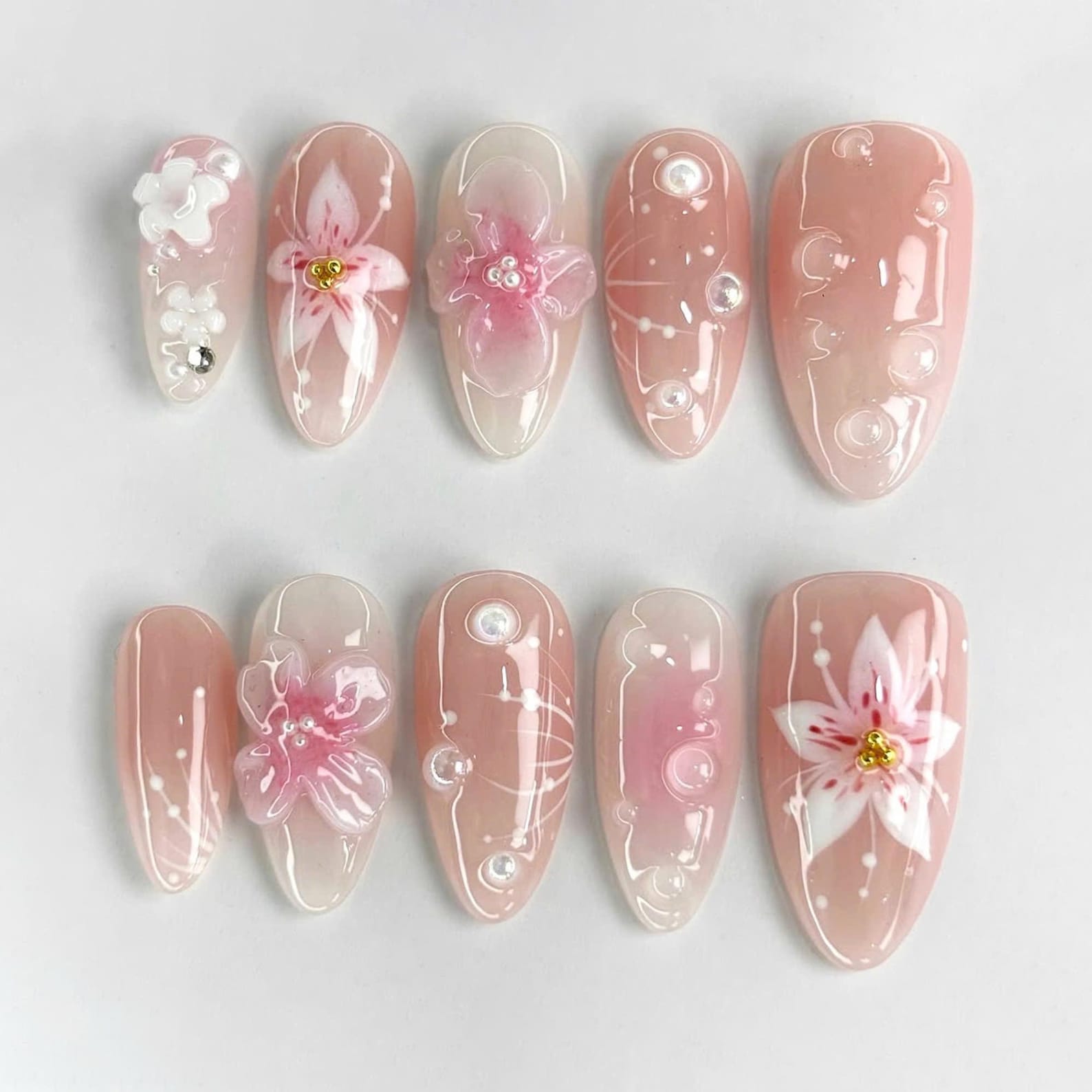 Elegant Pink Flower Handmade Press on nails - Summer Nails