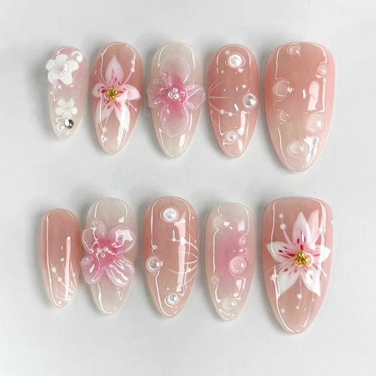 Elegant Pink Flower Handmade Press on nails - Summer Nails
