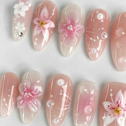 Elegant Pink Flower Handmade Press on nails - Summer Nails