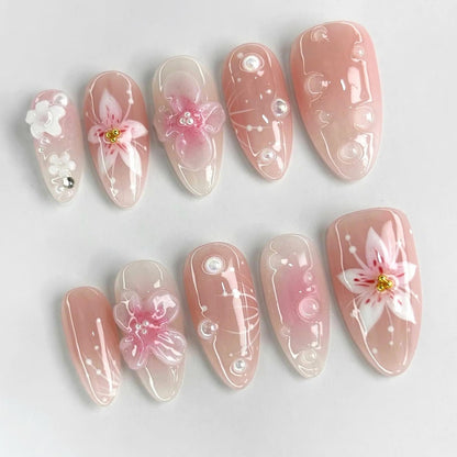 Elegant Pink Flower Handmade Press on nails - Summer Nails