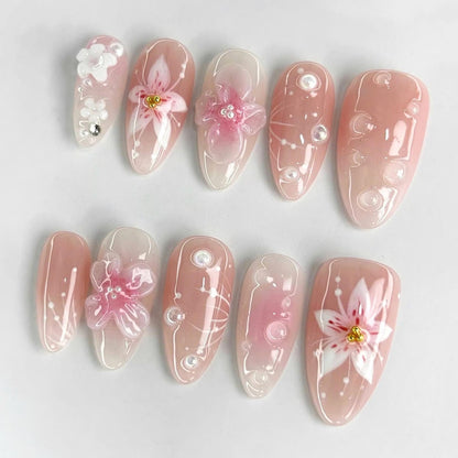 Elegant Pink Flower Handmade Press on nails - Summer Nails