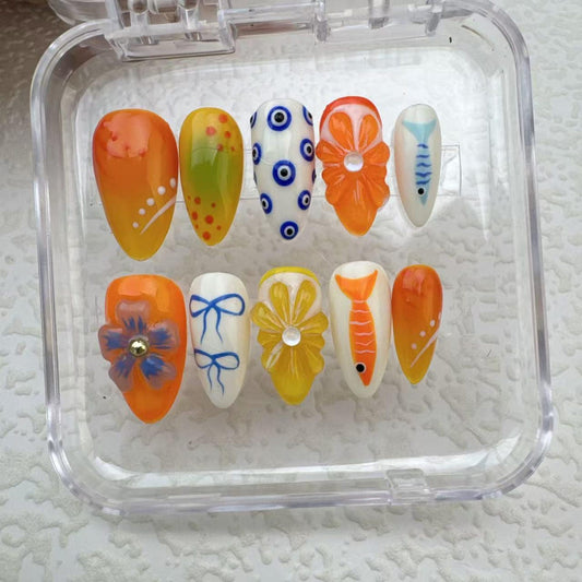 Fish Flower Press on nails - Summer Nails