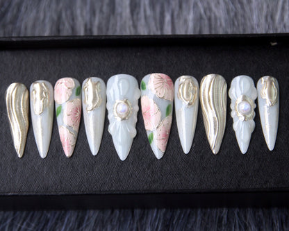 Floral Japanese Handmade Press on nails - Summer Nails