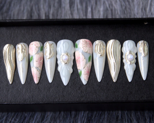 Floral Japanese Handmade Press on nails - Summer Nails