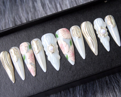 Floral Japanese Handmade Press on nails - Summer Nails