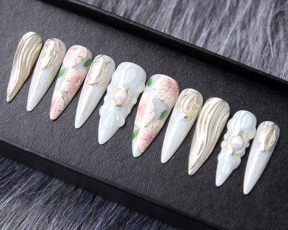 Floral Japanese Handmade Press on nails - Summer Nails