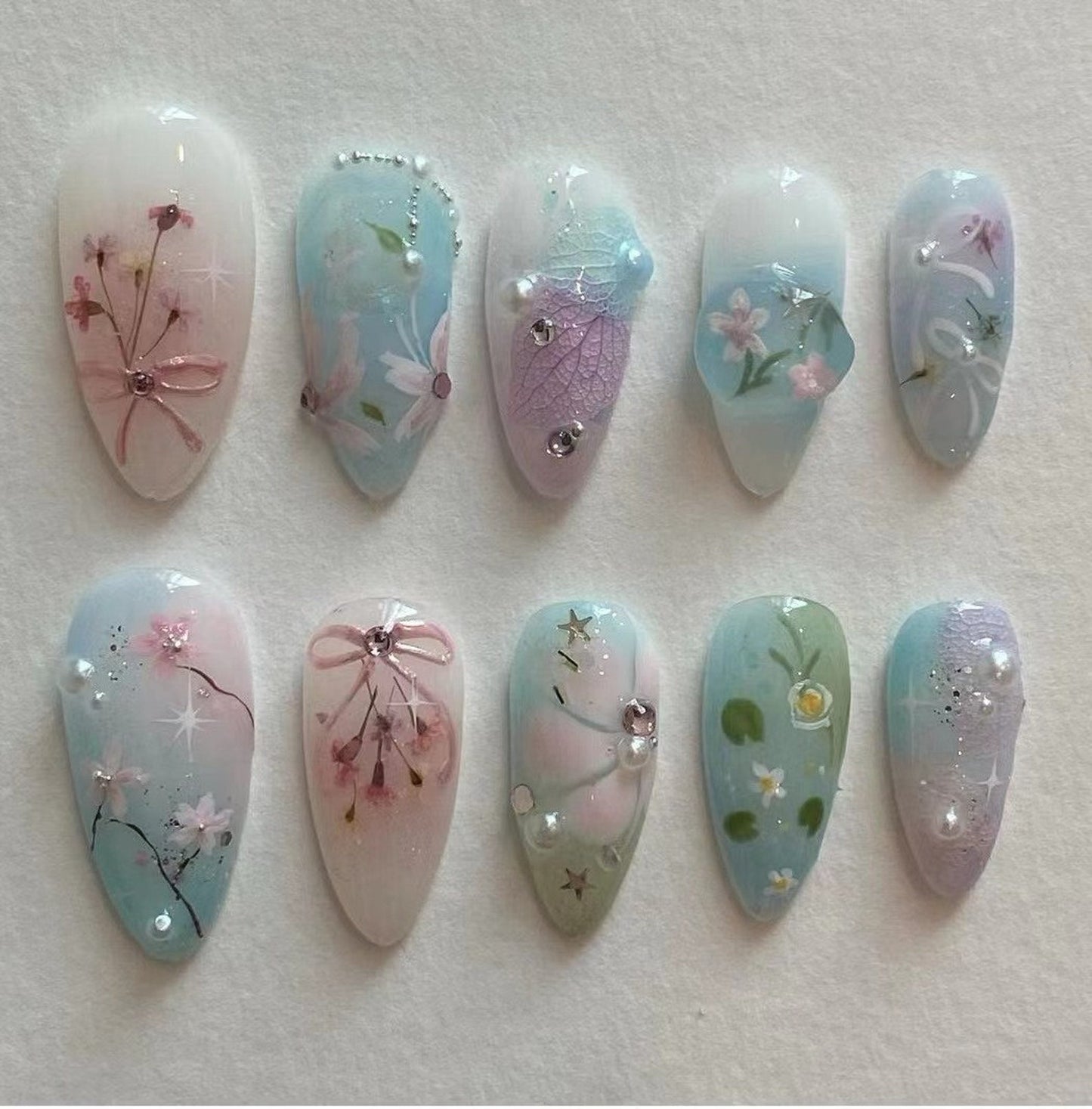 Flower Blue Sky Summer Handmade Press on nails - Summer Nails