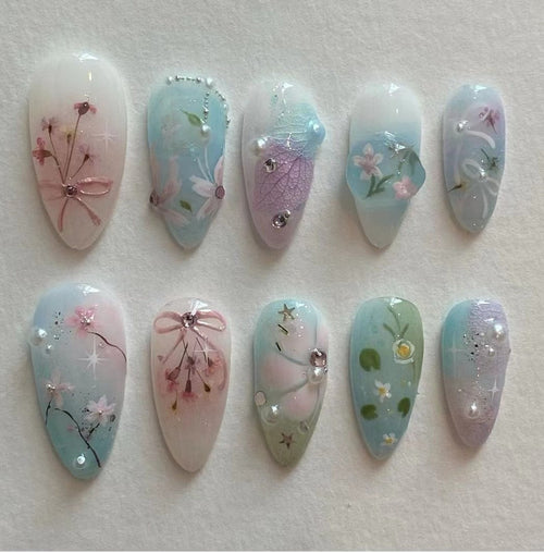 Flower Blue Sky Summer Handmade Press on nails - Summer Nails