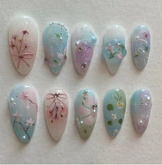 Flower Blue Sky Summer Handmade Press on nails - Summer Nails