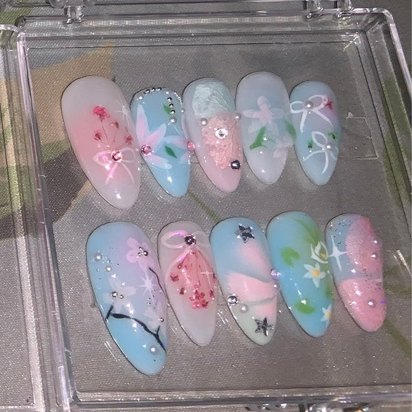 Flower Blue Sky Summer Handmade Press on nails - Summer Nails
