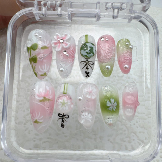 Flower Pink Summer Handmade Press on nails - Summer Nails