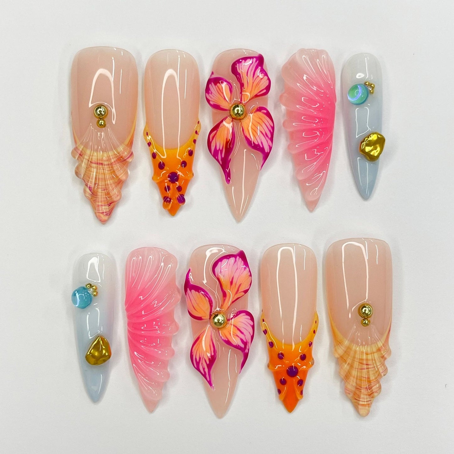 Flower Seashell Handmade Press on nails - Summer Nails