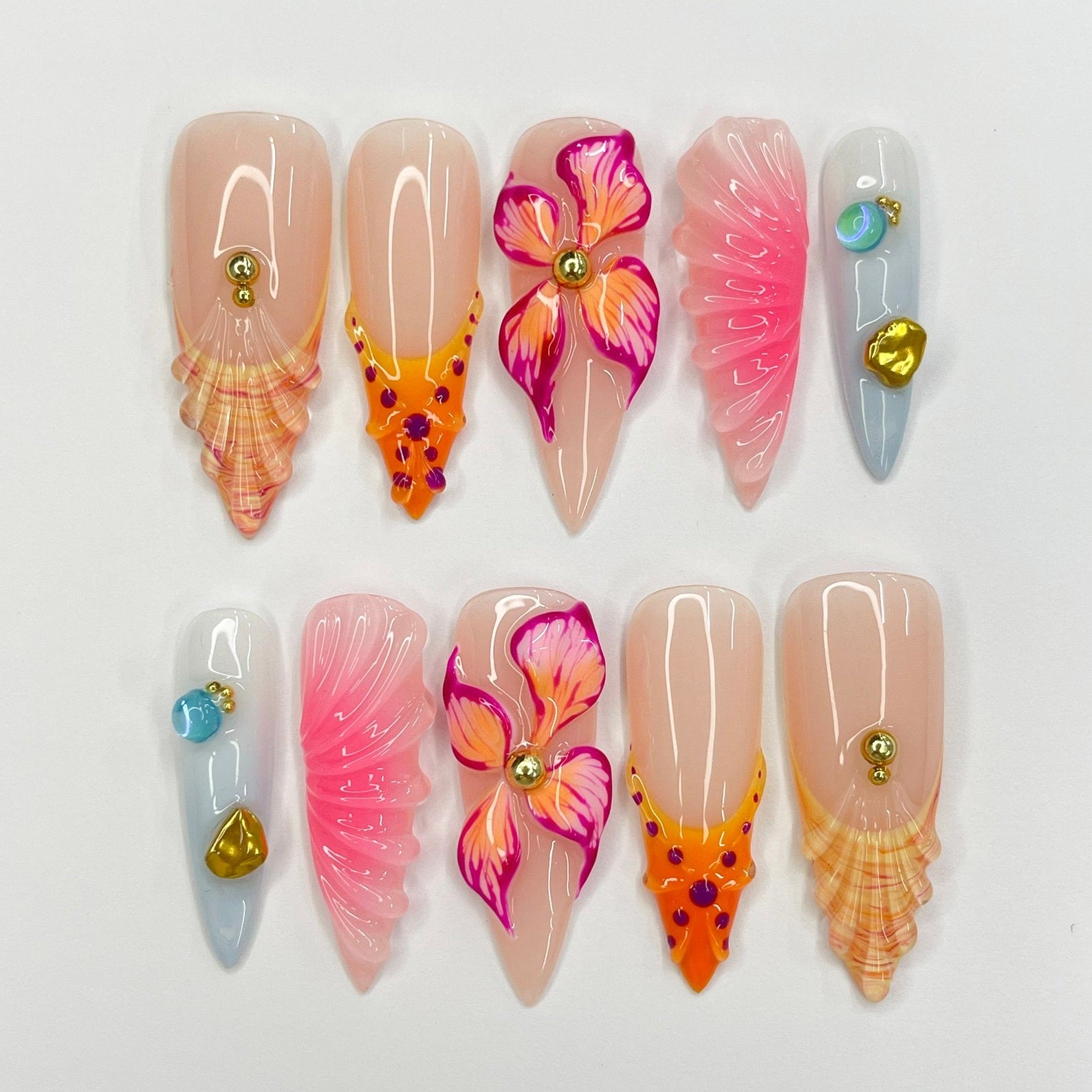 Flower Seashell Handmade Press on nails - Summer Nails