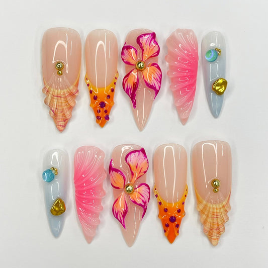 Flower Seashell Handmade Press on nails - Summer Nails