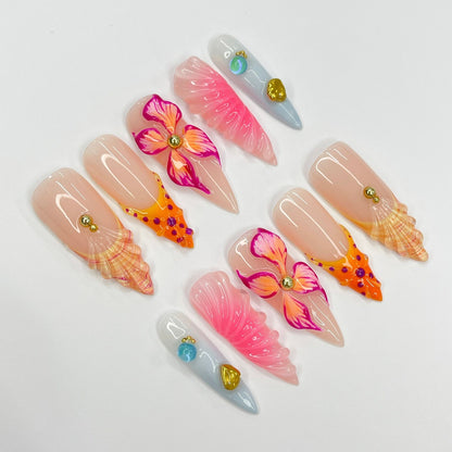 Flower Seashell Handmade Press on nails - Summer Nails