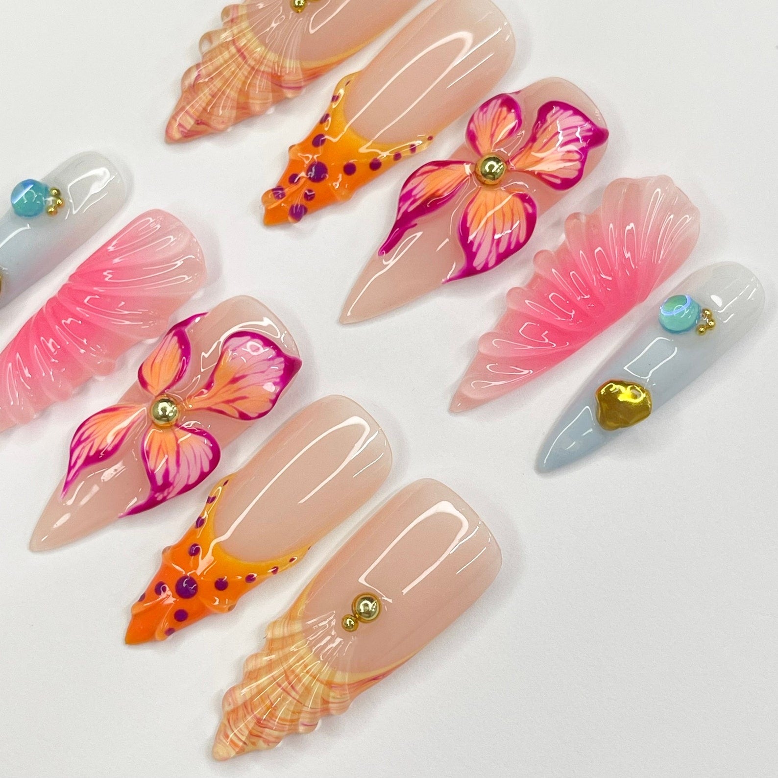 Flower Seashell Handmade Press on nails - Summer Nails