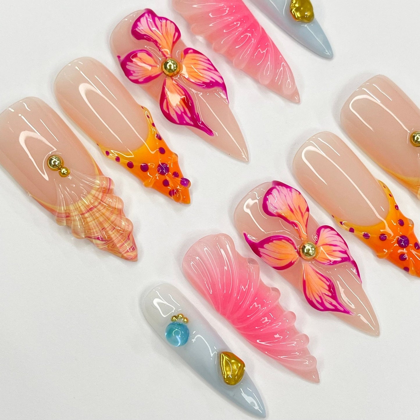 Flower Seashell Handmade Press on nails - Summer Nails